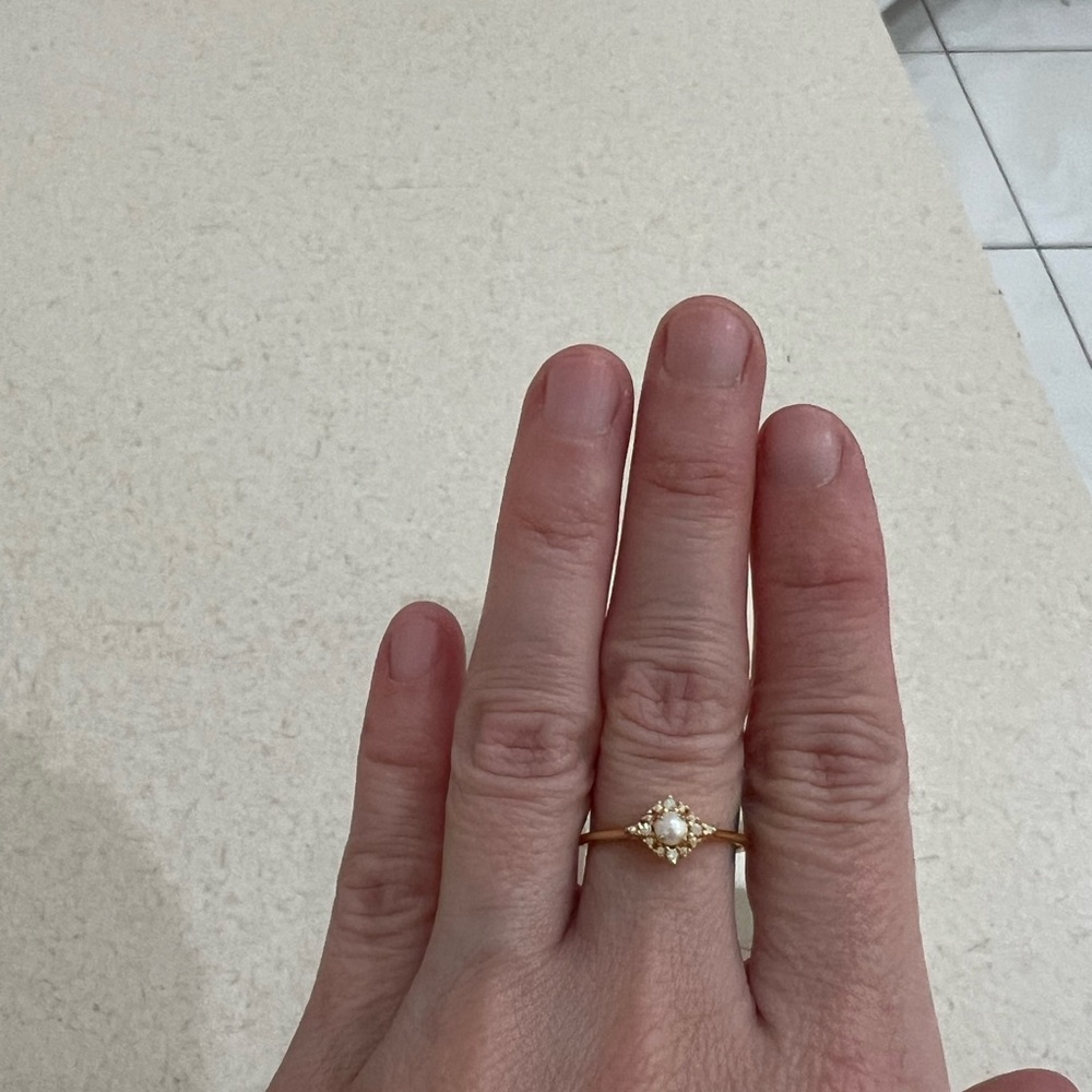 Dainty 18K Gold Pearl Ring with Diamond Accents - Picture 8 of 10